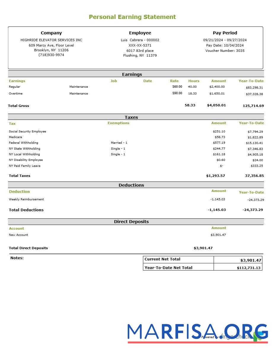 Downloadable Highride Elevator Services INC personal earning statement template